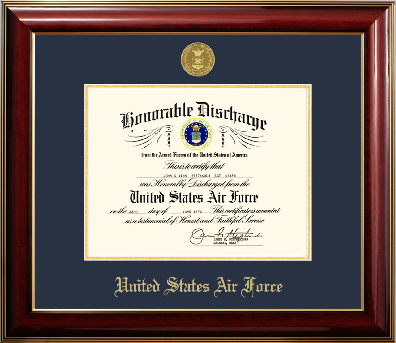Patriot Frames Air Force 8.5x11 Discharge Classic Frame with Gold Medallion